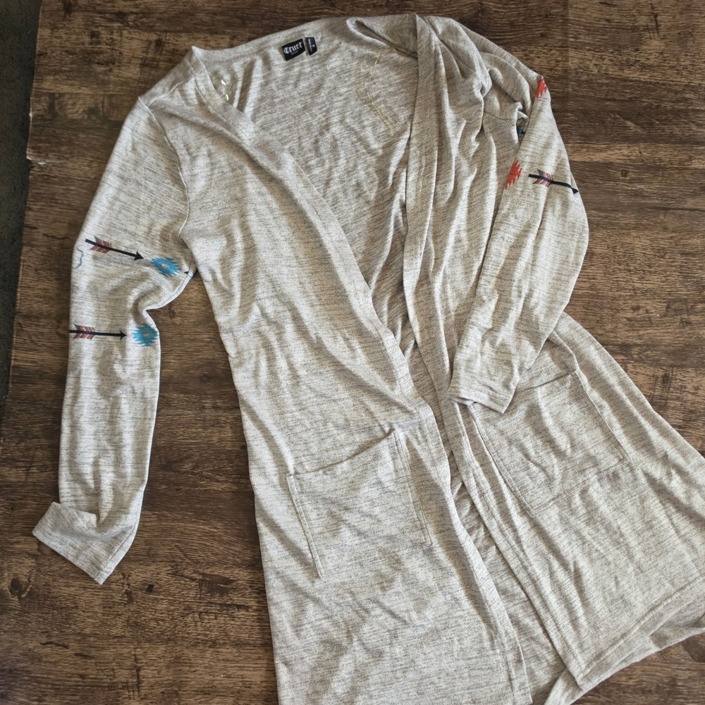 CRUEL DENIM Duster Cardigan‎ Womens Medium Grey Western Bronco Graphic Longline